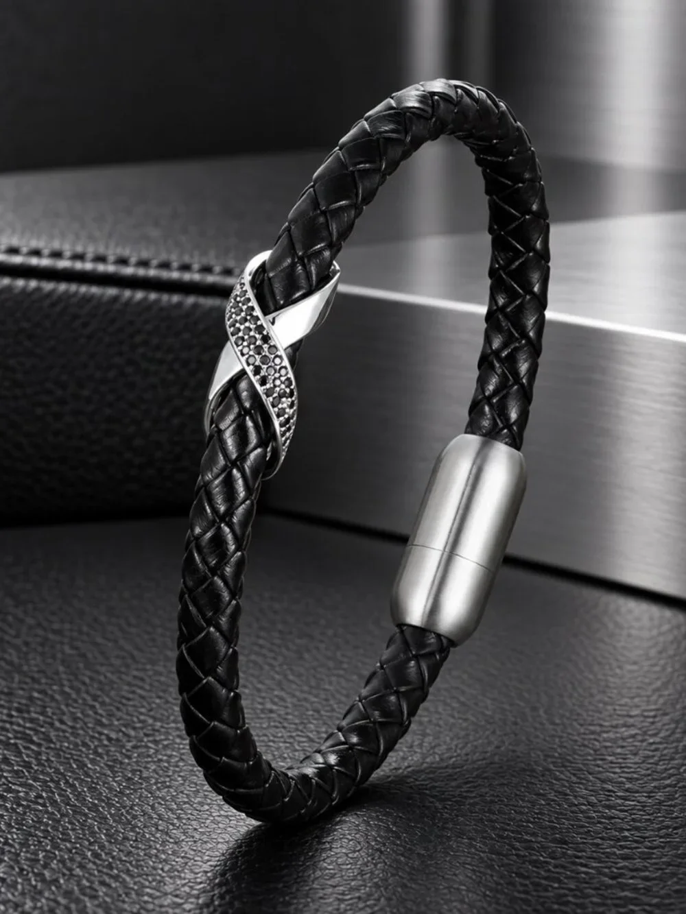 Black Braided Leather Bracelet with Black CZ Pavé Accent